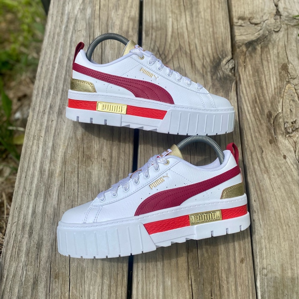 Puma Mayze Glitz Platform Sneakers White Gold Red